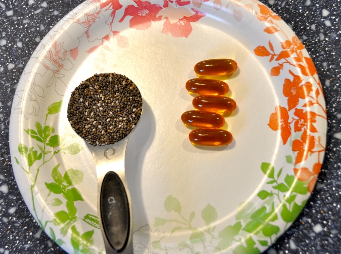 1 tablespoon of chia seeds has the same amount of Omega 3s as five fish oil capsules. The chia seeds taste better, and are waaaaay cheaper!